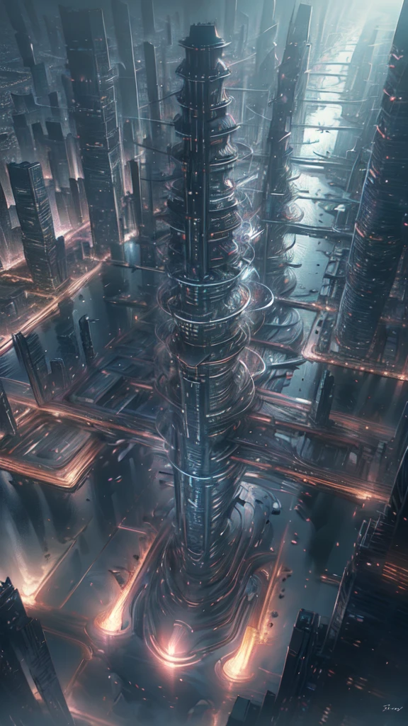 a vast futuristic cosmic city, massive spaceships floating in the sky, advanced architecture, glowing neon lights, cinematic lighting, moody atmosphere, intricate details, photorealistic, 8k, realistic, highly detailed, vibrant colors, dramatic lighting