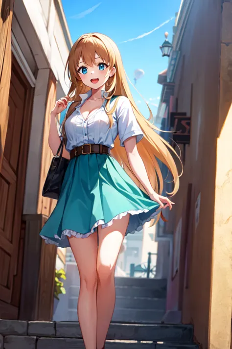 masterpiece, an anime woman is standing, blue beautifull medium dress, cleavage, day, long hair ,belt, cyan eyes, ((brown blonde...