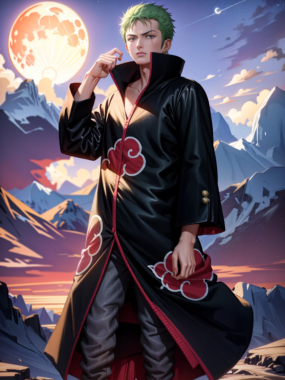 (masterpiece), (best quality), ultra high res, professional artwork, ultra detailed, intricate, detailed face, perfect lighting, 1boy, green hair, (purple eyes), AKATSUKI OUTFIT, ninja, black cloak, black coat, high collar, collarbone, head, night, night sky, crescent moon, red moon, outdoors, (cowboy shot, far shot), blunt bangs, Roronoa Zoro, Zoro,