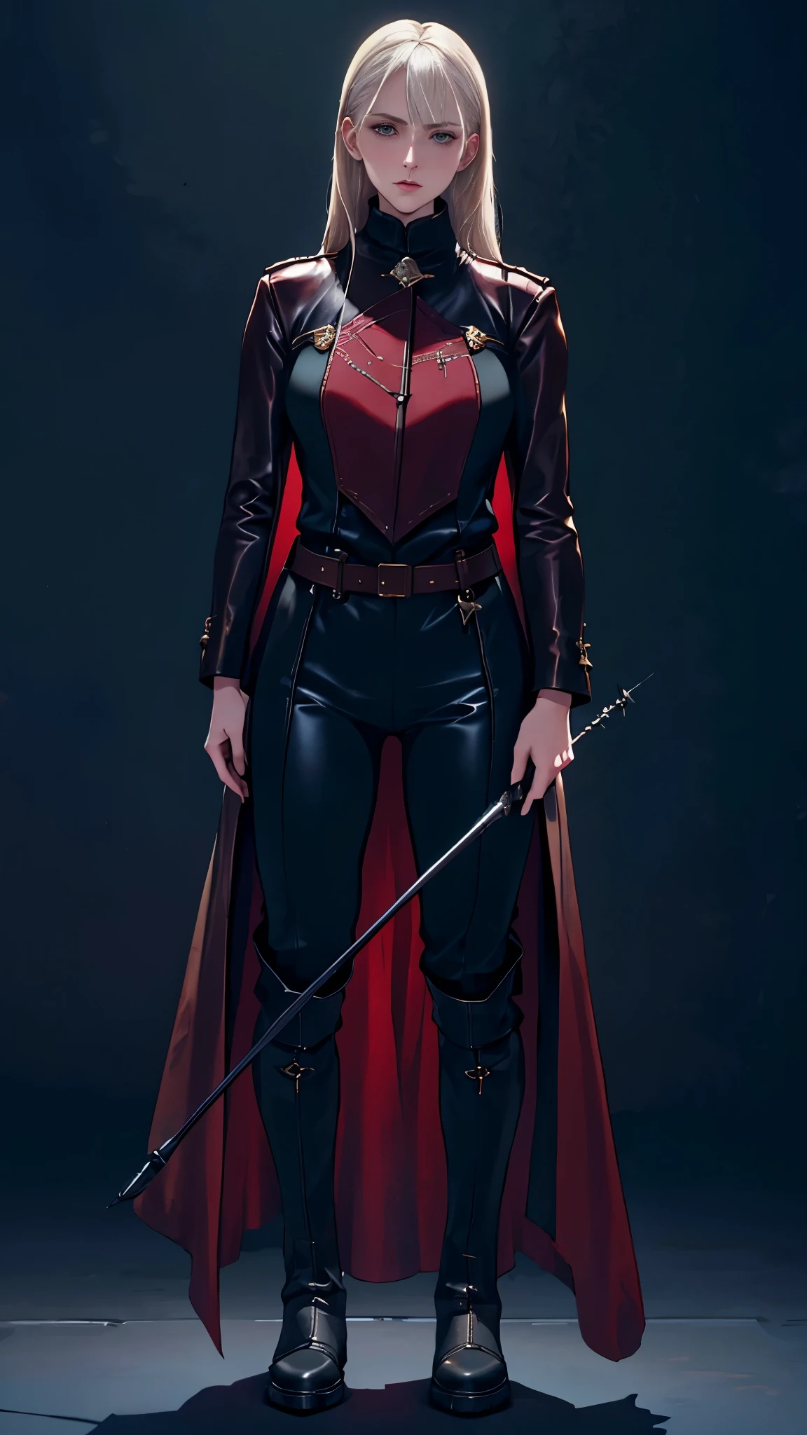 A woman with long platinum blonde hair, choppy bangs, arched crescent eyebrows, sharp and determined eyes, a delicate oval face, a serious expression, a fantasy-style dark green military coat, draped with a dark red cloak, military trousers, (leather knee-high combat boots:1.2), silver greaves leggings, standing in a spacious training ground, this character embodies a finely crafted fantasy-style female military officer in anime style, exquisite and mature manga art style, pale skin, high definition, best quality, highres, ultra-detailed, ultra-fine painting, extremely delicate, professional, perfect body proportions, golden ratio, anatomically correct, symmetrical face, extremely detailed eyes and face, high quality eyes, creativity, RAW photo, UHD, 32k, Natural light, cinematic lighting, masterpiece-anatomy-perfect, masterpiece:1.5, (holding riding crop:1.1), pretty face