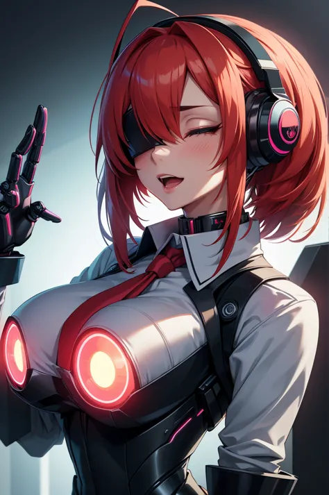 anime cyborg girl with red hair color and metallic robotic breasts sitting in a pilot seat wearing a virtual reality headset cov...