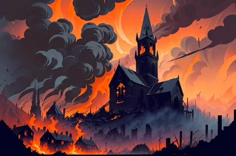 burning village, intense fire, dark clouds, smoke, ruined buildings, torn black flag on pole, spire of burning church, devastati...