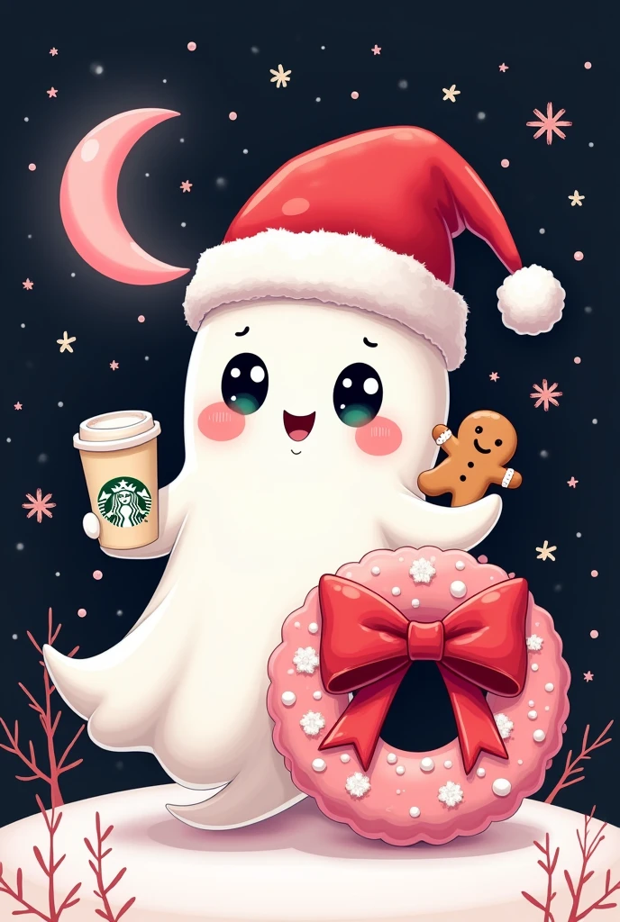 Cute Kawaii clipart of a kawaii ghost wearing a pink and white vibrant colors santa claus hat thats too big and the ghost is standing next to a pink and white wreath with a big red bow, the ghost is holding a starbucks cup of coffee in one hand and a large gingerbread cookie in the other hand. There are many miniature pink and white spakle stars all around under a black sky with a pink half moon