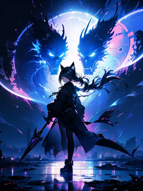 detailed silhouette of a cyberpunk girl with cat ears and a tail, flowing, tattered coat, he carries a giant scythe with a mecha...