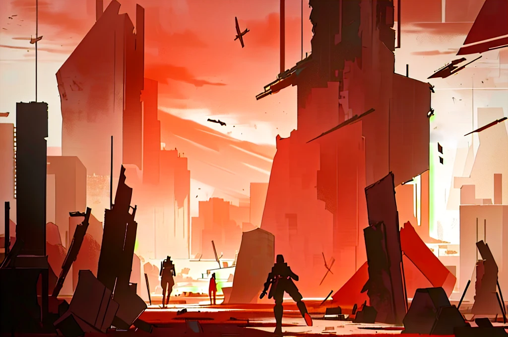 silhouettes, destruction, debris, abstract shapes, barren landscape, red sky, multiple figures, shadowy environment, intense backlighting, dramatic lighting, dark shadows, somber atmosphere, low angle perspective, deep depth of field, vivid red tones, light source from behind, shadowy figures fleeing, ominous mood, apocalyptic scenery