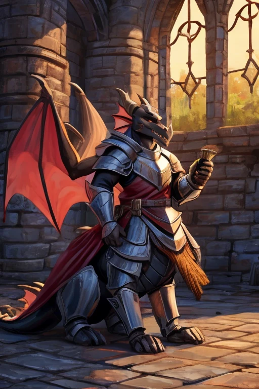 Full shot of a dragontaur-knight in a castle.