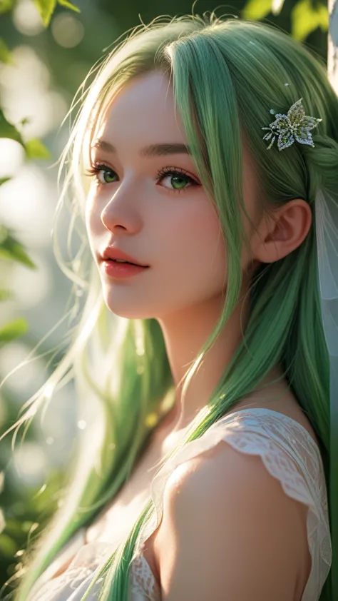 score_9, score_8_up, score_7_up, best quality, highres), green-haired girl with long hair, close-up of her face, wearing a white...