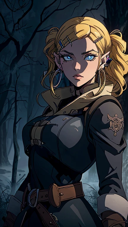 ((1girl, ppgzbb), (extremely detailed CG unit 8k wallpaper),(master part), (best quality), (ultra detail), (best illustration),(castlevania style), cowboy shot, (Sharp eyeliner, ombre, detail eyes:1), landscape, tree, outdoors background, ,break , (Dark gloomy forest of horror and death, upper body, standing, (blue eyes, blonde hair, twin drills, hairclip, earrings)