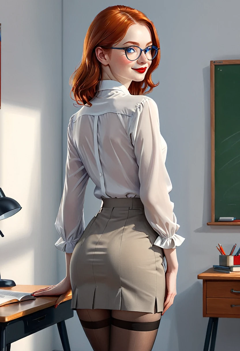 (back view, whole body:1.4),((Ultra Realistic Illustration:1.3)), high, slim ((redhead:1.2)) woman of Russian origin. teacher. (pale:1.3)complexion. Blue eyes, Cute butt, cool legs. kind eyes, Cute (smile). Glasses, Red lipstick, a white blouse, short gray miniskirt, Light brown stockings with a seam at the back, black stiletto heels. high school. masterpiece, (very detailed:1.2),(detailed face and eyes:1.2), 8k wallpaper, cinematic lighting. Basic shadows, high контраст, hips. full length. Hands clasped behind head.