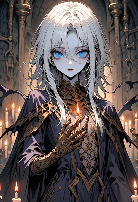 solo, female, close up, empty eyes, magic fire eyes, blue eyes, gold pupils, long messy white hair, very pale skin:1.3, flat chest, slim, tattered regal gown, black magic on hand, lich, magic, cape over shoulders, partial skeleton, dark tunic, gold filigree gloves, books, dungeon, dark, candles, dark magic