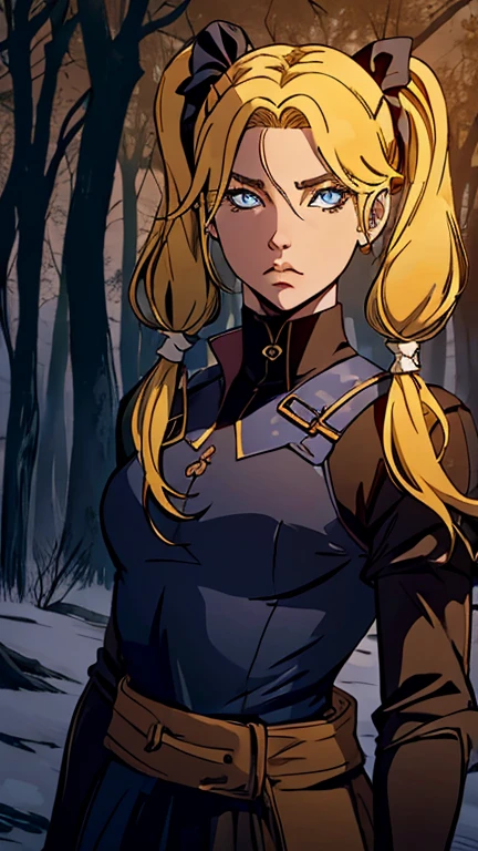 ((1girl, Bubbles), (extremely detailed CG unit 8k wallpaper),(master part), (best quality), (ultra detail), (best illustration),(castlevania style), cowboy shot, (Sharp eyeliner, ombre, detail eyes:1), landscape, tree, outdoors background, ,break , (Dark gloomy forest of horror and death, upper body, standing, (yellow-blonde hair, blue eyes, short twintails, pigtails)