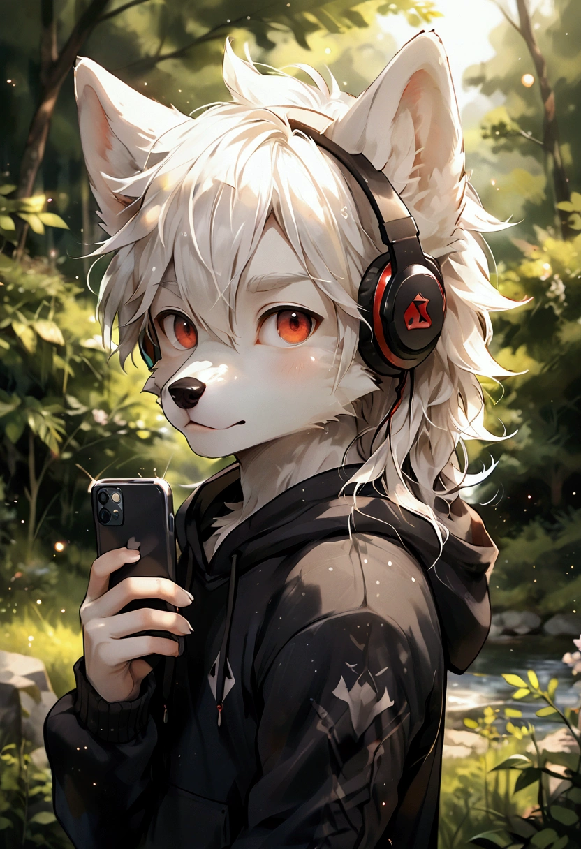 furry, masterpiece, high quality, absurd resolution, digital painting \(artwork\),soft lighting, solo, (humanoid male wolf), (white body), white hair short, fluffy, sunlight, side view, panoramic, portrait, looking at viewer, focus on character. (detailed backdrops, amazing backdrops), outdoor, landscape, light particles
furry, wolf, male,
Wolf boy, Adorable, red eyes, Fluffy white fur, white hair, slim, Skinny, black hoodie, wearing headphones, holding smartphone
