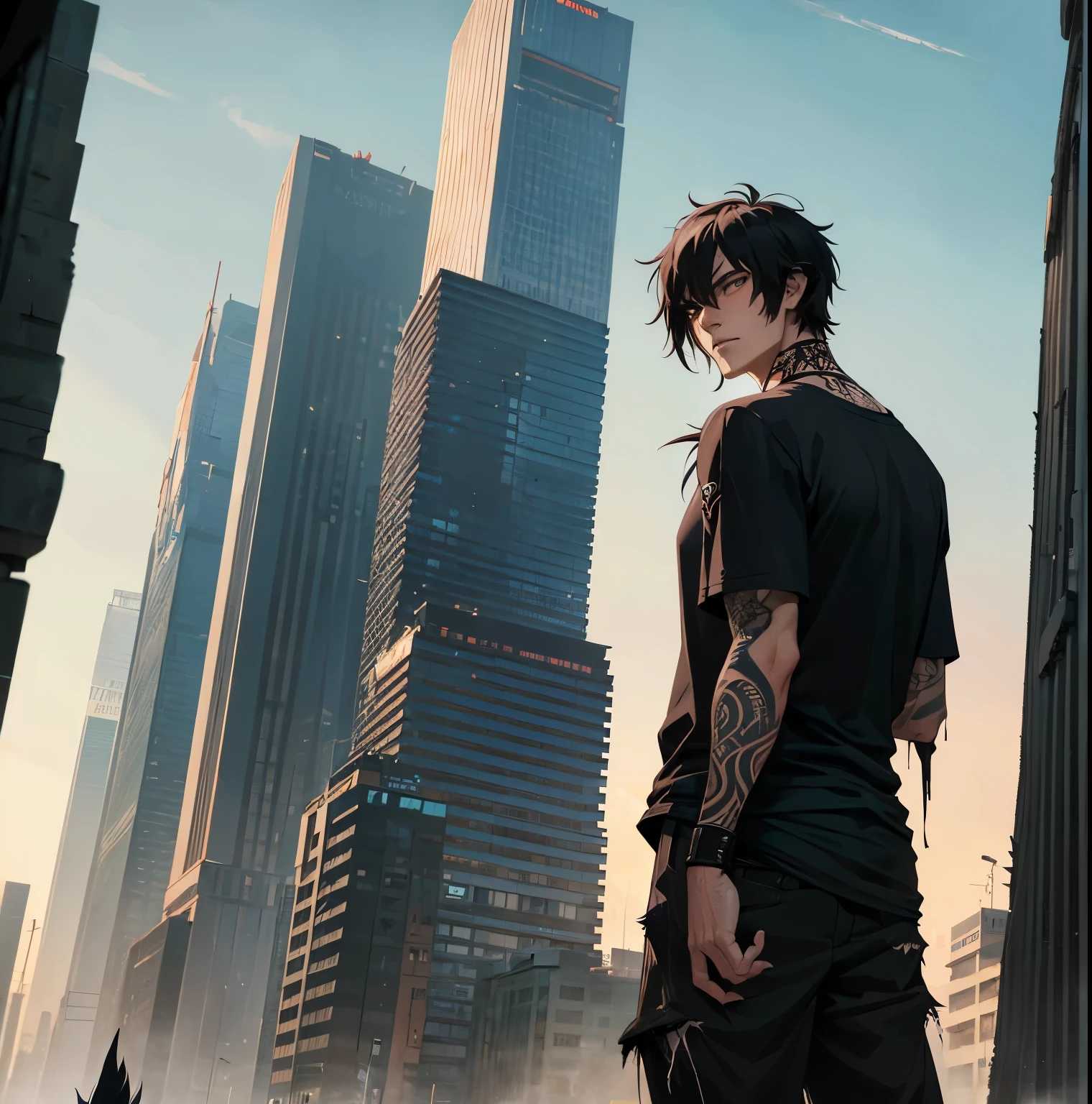 one mature man, shaggy hair, tilted asian eyes, extremely tall and athletic, (black neck tattoo: 1.2), (wearing ragged torn clothes: 1.2), (wandering in futuristic wilderness: 1.2), (long shot high angle: 1.2)