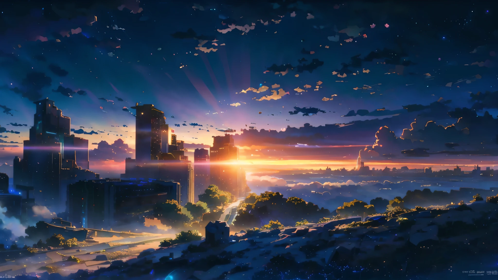 Anime scene of an abandoned city under blue sky, Anime drawing by Makoto Shinkai, Topics on pixiv, Magic realism, Beautiful anime scene, Space Sky. by Makoto Shinkai, ( ( Makoto Shinkai ) ), by Makoto Shinkai, Anime Background Art, Makoto Shinkai style. Detail enhancements, Perfect detail handling, Huge Cloud, Panoramic view from above, Capturing the vastness of nature. Soft lighting creates a warm atmosphere.