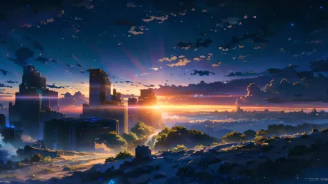 anime scene of an abandoned city under blue sky, anime drawing by makoto shinkai, topics on pixiv, magic realism, beautiful anim...