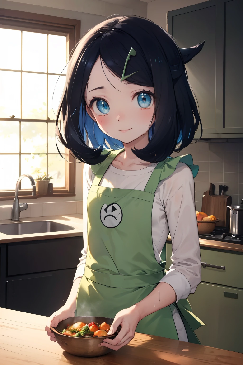 cute apron, (masterpiece, Highest quality, 8K ultra-high resolution:1.4), 14yo, kawaii Pokemon RikoFlash photography, Backlight, (The best smile:1.4), (Beckon), Written boundary depth, Dramatic portrayal, (Kitchen Background), Focus of the film, , Emotional composition, Emotional engine full throttle BREAK Young and cute, Slender body, Flat Chest, Highly detailed glossy skin,Sweat,  Perfect Pokemon Riko,
ultra detailed crystal eyes, Eyes like shining jewels