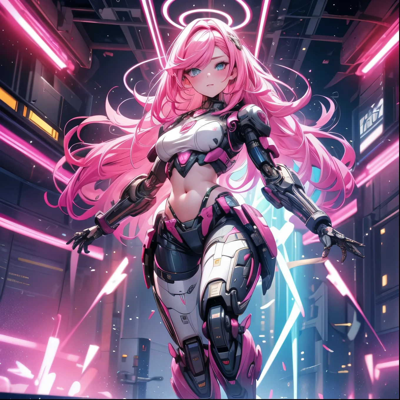 cyborg girl, young woman, robot legs, beautiful detailed face, pink hair, wallpaper art, UHD wallpaper, detailed belly, full body, photorealistic, 8k, high quality, intricate details, cinematic lighting, vibrant colors,