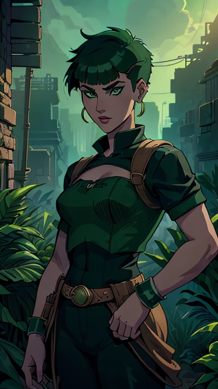 ((1girl, ppgzbtc), (extremely detailed CG unit 8k wallpaper),(master part), (best quality), (ultra detail), (best illustration),(kirbywood, drawing, vintage color comics), cowboy shot, (Sharp eyeliner, ombre, detail eyes:1), jungle, ruins, outdoors background, ,break , (city-ExpeditionStyle), upper body, standing, (DCAU / DCAMU Style LoRA), (green eyes, short hair, earrings)