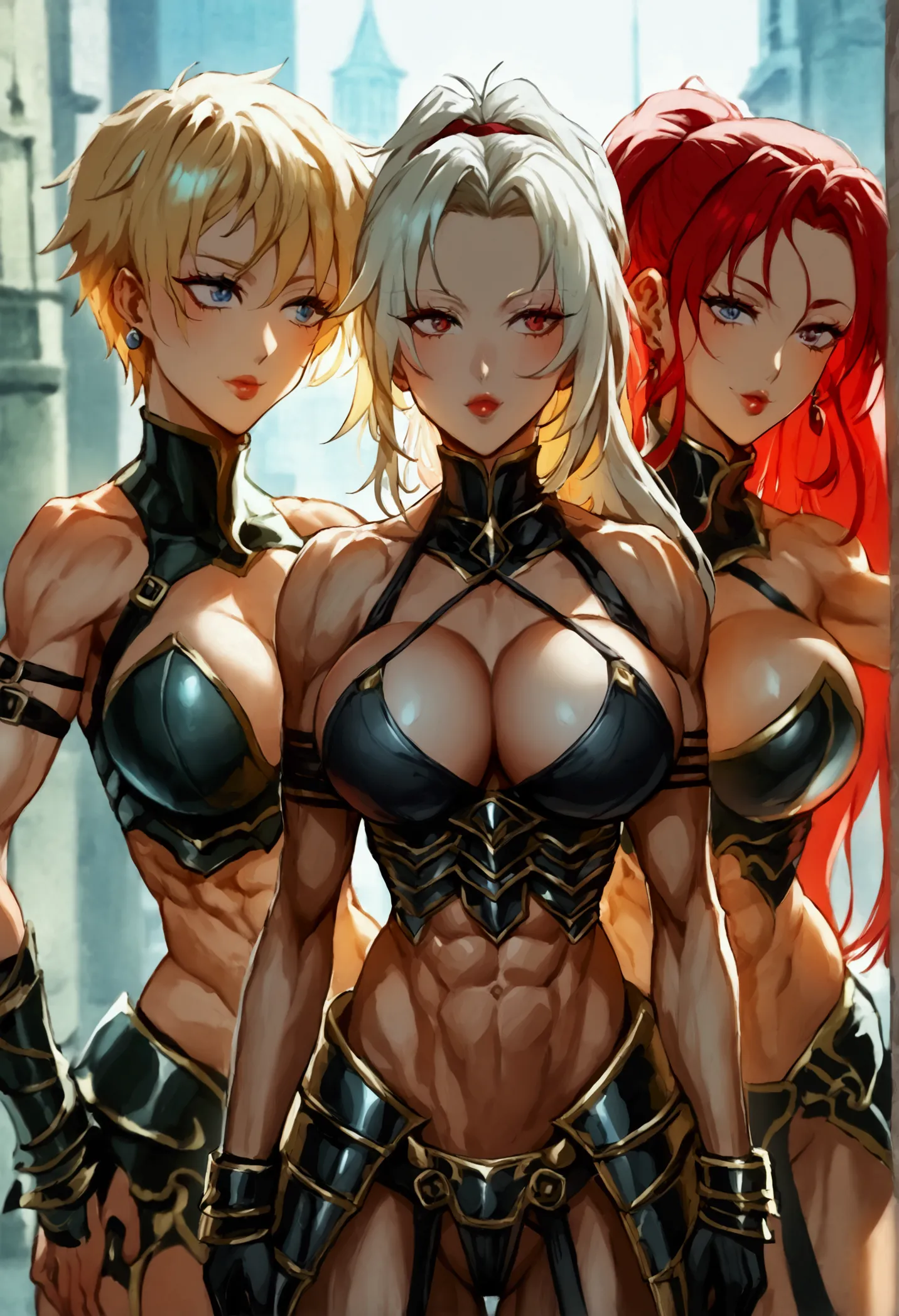 three thin girls, sexy and muscular women wearing flashy samurai armor, one with short blonde hair,another with very long red ha...