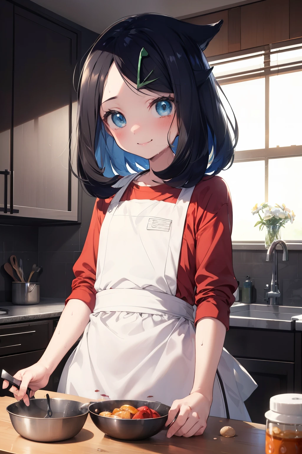 nsfw, cute apron, Newly Married, Love love, (masterpiece, Highest quality, 8K ultra-high resolution:1.4), 14yo, kawaii Pokemon RikoFlash photography, Backlight, (The best smile:1.4), Knife, Written boundary depth, Dramatic portrayal, (Kitchen Background), Focus of the film, , Emotional composition, Emotional engine full throttle BREAK Young and cute, Slender body, Flat Chest, Highly detailed glossy skin,Sweat,  Perfect Pokemon Riko,
ultra detailed crystal eyes, Eyes like shining jewels