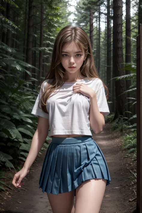 barbara palvin, , deep woods, dark ,night time, ((white t-shirt, shirt lift)), ((blue pleated skirt, skirt lift)), gap between l...