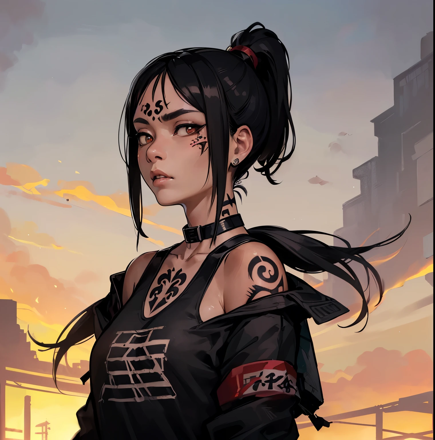 one mature asian girl, (full lips: 1.2), tilted asian eyes, brown hair in high ponytail, (black neck tattoo on neck only: 1.5), (wearing ragged clothes: 1.4), (post-apocalyptic wasteland: 1.2), (looking away from me: 1.5), (long shot high angle: 1.3)