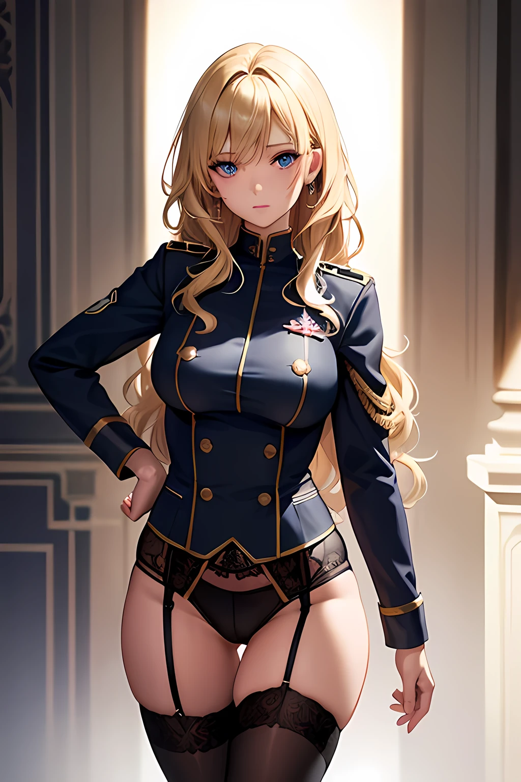 Realistic, High resolution, Soft Light,1 female, alone, Hip Up, Glowing Skin, (Detailed face),tattoo, jewelry, Strange Uniform, Black Stockings, garter belt, night, Blonde, Wavy Hair, Beautiful soldier, Eyes that beckon, spouse&#39;Perspective, Attractive look, Sexy smile, Perfect Style, Perfect balance, Fine skin, Naughty look, I can see your chest