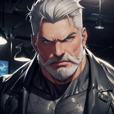 a muscular man, quiff hairstyle, gray hair, gray mustache, gray beard, venom symbiote, large white spider logo on symbiote, hand...