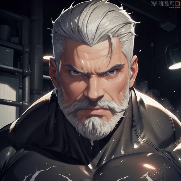 a muscular man, Quiff hairstyle, gray hair, gray mustache, gray beard, venom symbiote, large white spider logo on symbiote, handsome face, detailed eyes, nose and lips, 8k, high quality, photorealistic, dramatic lighting, cinematic