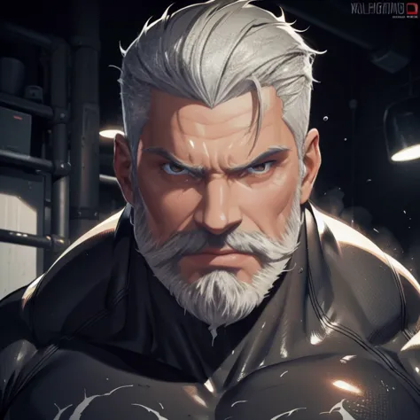 a muscular man, quiff hairstyle, gray hair, gray mustache, gray beard, venom symbiote, large white spider logo on symbiote, hand...