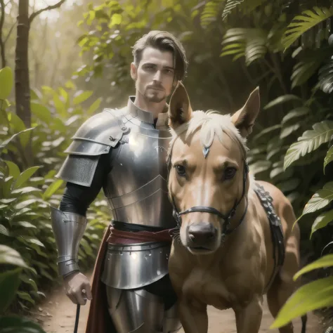 A man dressed as a knight with his dog in a tropical forest, high quality, photorealistic, 8K  