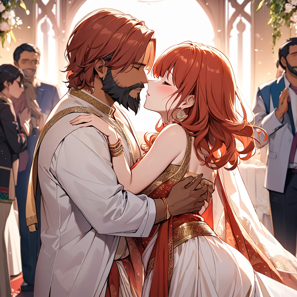 ((Highest quality)), ((masterpiece)), (detailed), （Perfect Face）The woman is a Celica with red hair.、The woman is wearing the traditional Indian dress, a sari.、The woman is embracing and kissing a middle-aged Indian man with a beard in their wedding ceremony.