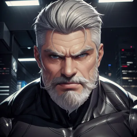 a muscular man, quiff hairstyle, gray hair, gray mustache, gray beard, venom symbiote, large white spider logo on symbiote, hand...