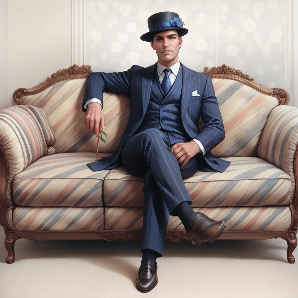 A person in a striped suit and bowler hat、She sits confidently on the floral sofa, Has two sticks. The setting is、Vintage, For a formal atmosphere、Reminiscent of something with a touch of elegance.