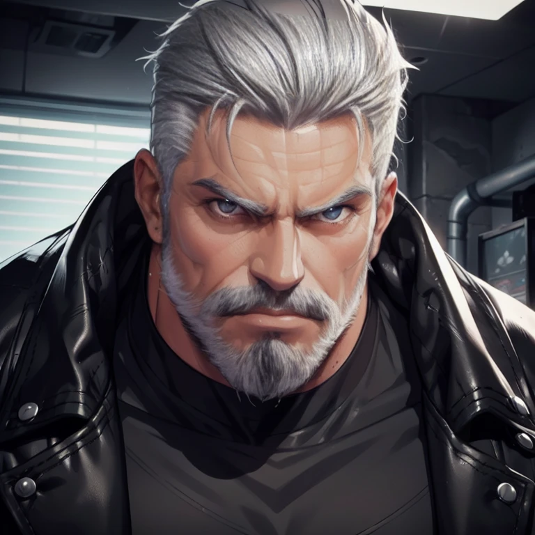 a muscular man, Quiff hairstyle, gray hair, gray mustache, gray beard, venom symbiote, large white spider logo on symbiote, handsome face, detailed eyes, nose and lips, 8k, high quality, photorealistic, dramatic lighting, cinematic