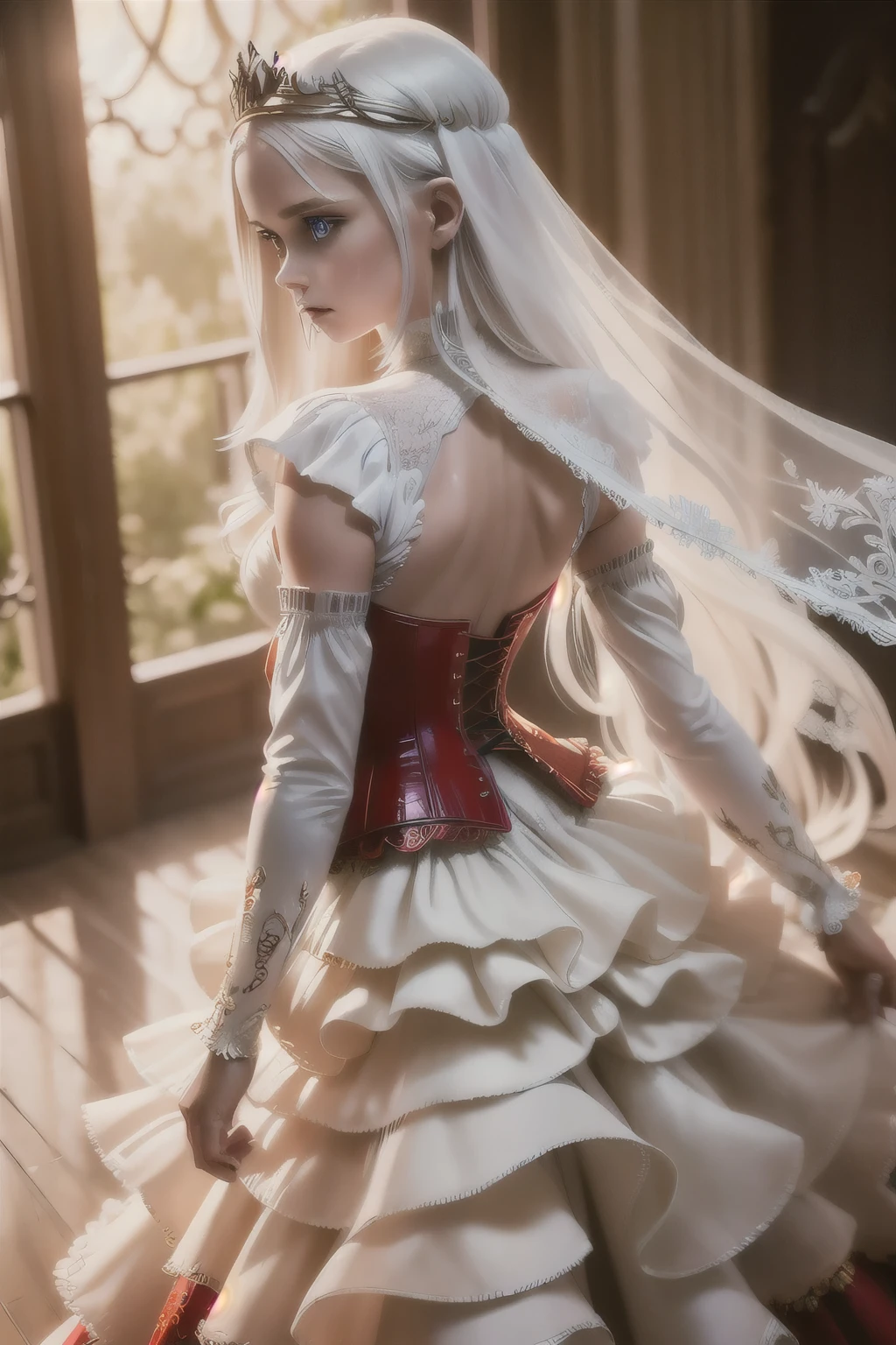 ((extremely detailed CG unity 8k wallpaper)), masterpiece, ultra-detailed, floating, high resolution, sexually suggestive, (petite, absurdly long white hair, princess, white mage, blue eyes, (ornate long white and red see through layered long dress with long detached wide sleeves and intricate embroidery), bridal veil, circlet, bridal gauntlets, blushing, shy, arched back, ruffled petticoat, ornate corset,