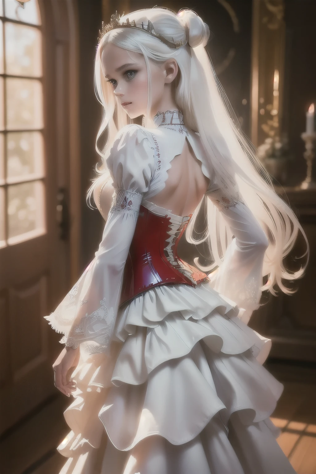 ((extremely detailed CG unity 8k wallpaper)), masterpiece, ultra-detailed, floating, high resolution, sexually suggestive, (petite, absurdly long white hair, princess, white mage, blue eyes, (ornate long white and red see through layered long dress with long detached wide sleeves and intricate embroidery), bridal veil, circlet, bridal gauntlets, blushing, shy, arched back, ruffled petticoat, ornate corset,