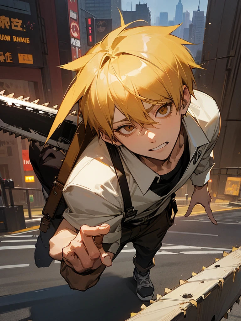 Highest quality、Best Quality、Realistic dog、Bipedal、Hip-hop attire、New York in the background, 1boy, handsome, (Denji, Chainsaw man), Yellow hair, brown eyes, pochita