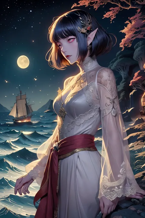 (Ultra-detailed face, looking away, Fantasy Illustration with Gothic, Ukiyo-e, Comic Art, dark color tone), 
BREAK 
(These are mysterious islands in the extreme cold of the north. There are many shoals, the tides are complex and fast, and there is no end to the number of boats that run aground. The wreckage of rotting medieval-style sailing ships and galleys that have run aground can be seen in the shallows.), 
BREAK 
(Late at night, when the bright blood-colored moon shines brightly, the waves are rough, and the sea monster Siren is dancing a lilting, graceful hula dance on a steep cliff. Around her dance the pale and translucent ghosts of the many sailors who died when the ship ran aground.), 
BREAK 
(The female siren has long, wavy silver hair, blunt bangs, translucent white skin, and lavender eyes.), 
BREAK 
(She wears a coral hair ornament in her hair and a crimson silk nightdress draped with lace and embroidery. She wears sandals made of seabird feathers.)