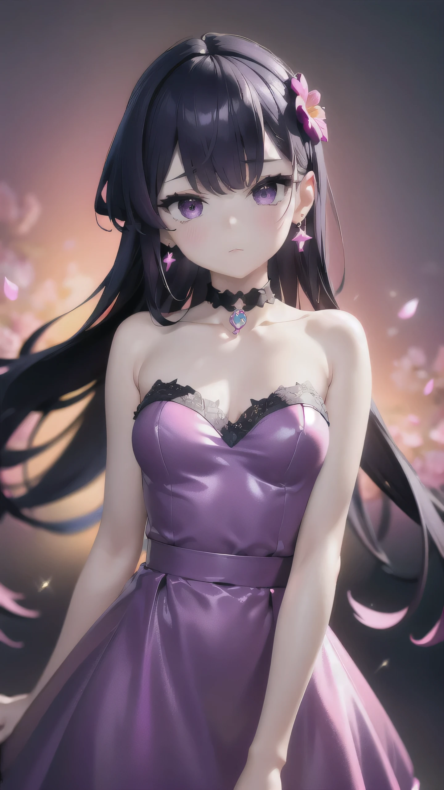 (masterpiece, best quality),pink starry sky background,purple choker,purple eyes,flower,blue mesh dress,bare_shoulders,collarbone,earrings,jewelry,(flower,fire),hair behind ear,
sense of depth,4k,absurdres,(from above),dynamic angle,