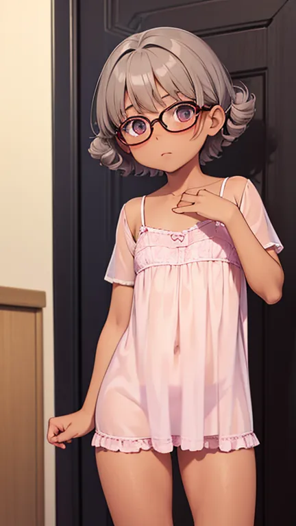 A really shy tomboy, ，Baby Face，Short grey curly hair, Dark tanned skin and large glasses, Very short stature，Flat Chest，Thin thighs，Pink sheer nightgown , whole body,  Embarrassing pose，Bruises and gestures，