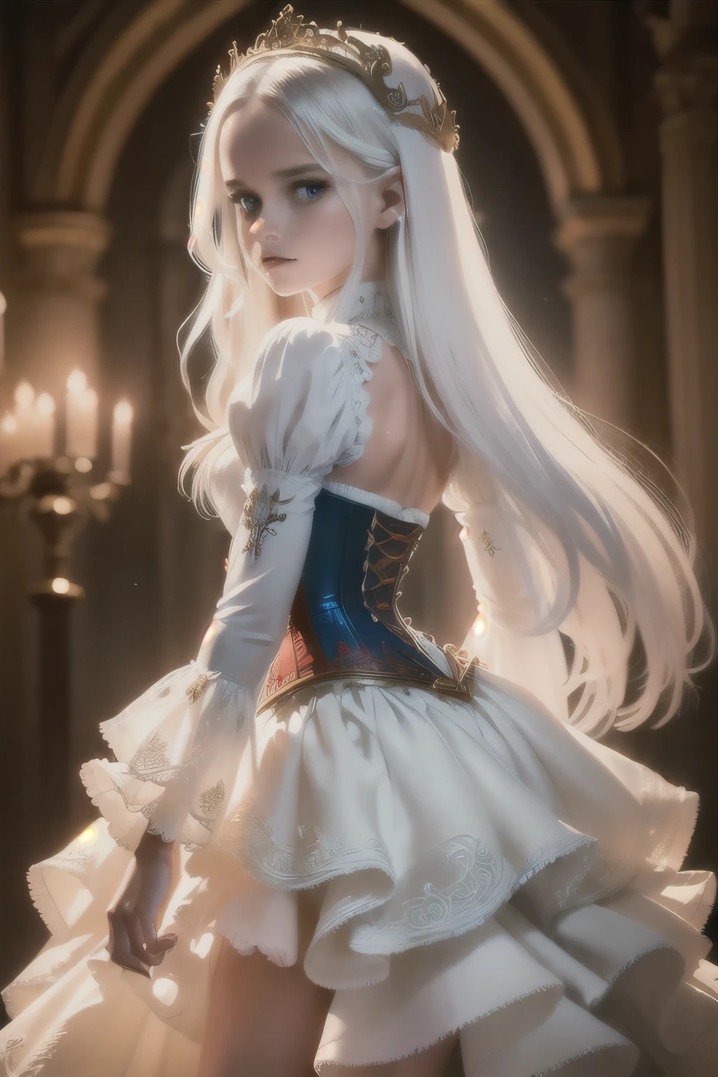 ((extremely detailed CG unity 8k wallpaper)), masterpiece, ultra-detailed, floating, high resolution, sexually suggestive, (petite, absurdly long white hair, princess, white mage, blue eyes, (ornate long white and red see through layered long dress with long detached wide sleeves and intricate embroidery), bridal veil, circlet, bridal gauntlets, blushing, shy, arched back, ruffled petticoat, ornate corset,