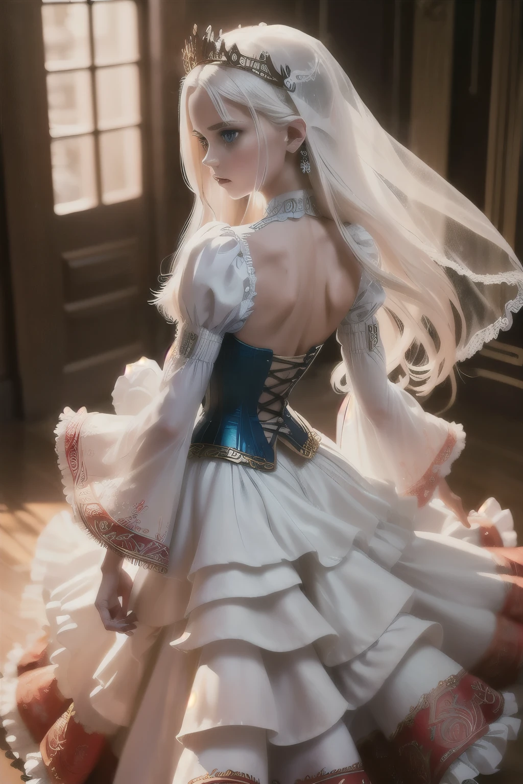 ((extremely detailed CG unity 8k wallpaper)), masterpiece, ultra-detailed, floating, high resolution, sexually suggestive, (petite, absurdly long white hair, princess, white mage, blue eyes, (ornate long white and red see through layered long dress with long detached wide sleeves and intricate embroidery), bridal veil, circlet, bridal gauntlets, blushing, shy, arched back, ruffled petticoat, ornate corset,