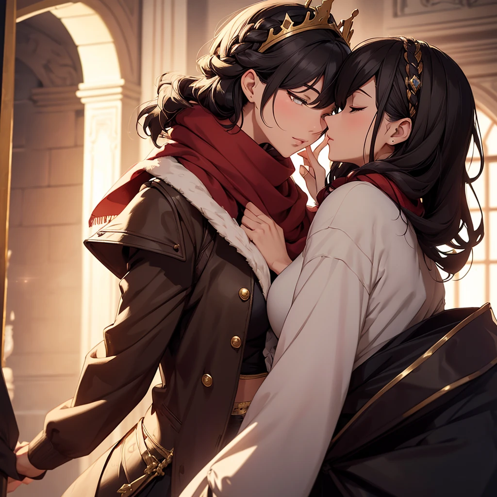 elegant young woman with dark hair in a crown braid, half-closed eyes, kissing expression, short hair with ahoge and bangs, red scarf, black bandeau, cropped jacket, brown jacket with torn scarf, brown vest, fur-trimmed gloves, single pant leg, open vest, ribbon, exquisite visuals, high definition, masterpiece of best quality, 2 with beautiful face, fingers, long legs, expressive eyes, official art piece, extremely detailed, perfect lighting, colorful, bright front-facing lighting, shiny skin