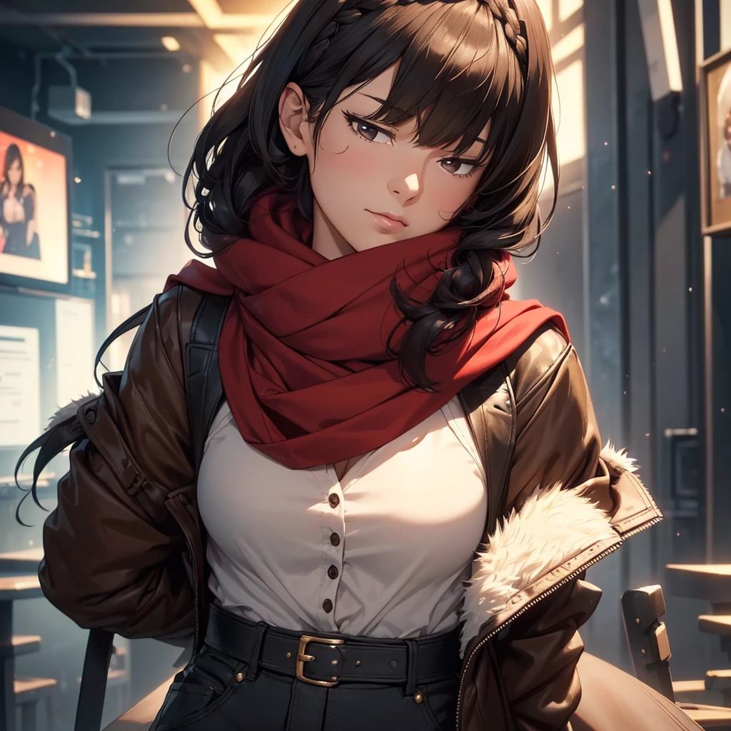 a young woman with dark hair in a crown braid, half-closed eyes, kissing expression, short hair with ahoge and bangs, red scarf, black bandeau, cropped jacket, brown jacket with torn scarf, brown vest, fur-trimmed gloves, single pant leg, open vest, ribbon, (best quality,4k,8k,highres,masterpiece:1.2),ultra-detailed,(realistic,photorealistic,photo-realistic:1.37),portrait,official art,extremely detailed,perfect lighting,colorful,bright front-facing lighting,shiny skin