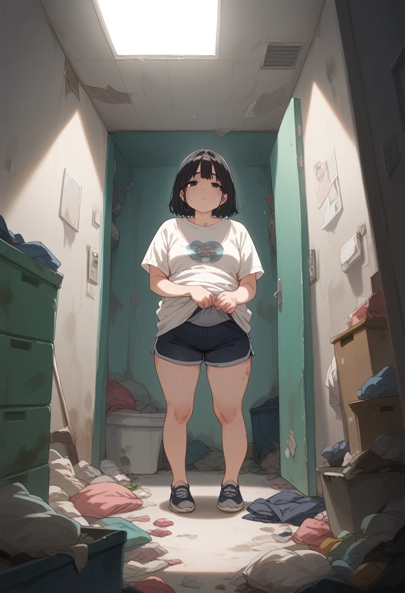 Black hair, black eyes, plump, masochist, woman, sloppy body, NEET, recluse, trash room, dirty room, messy room