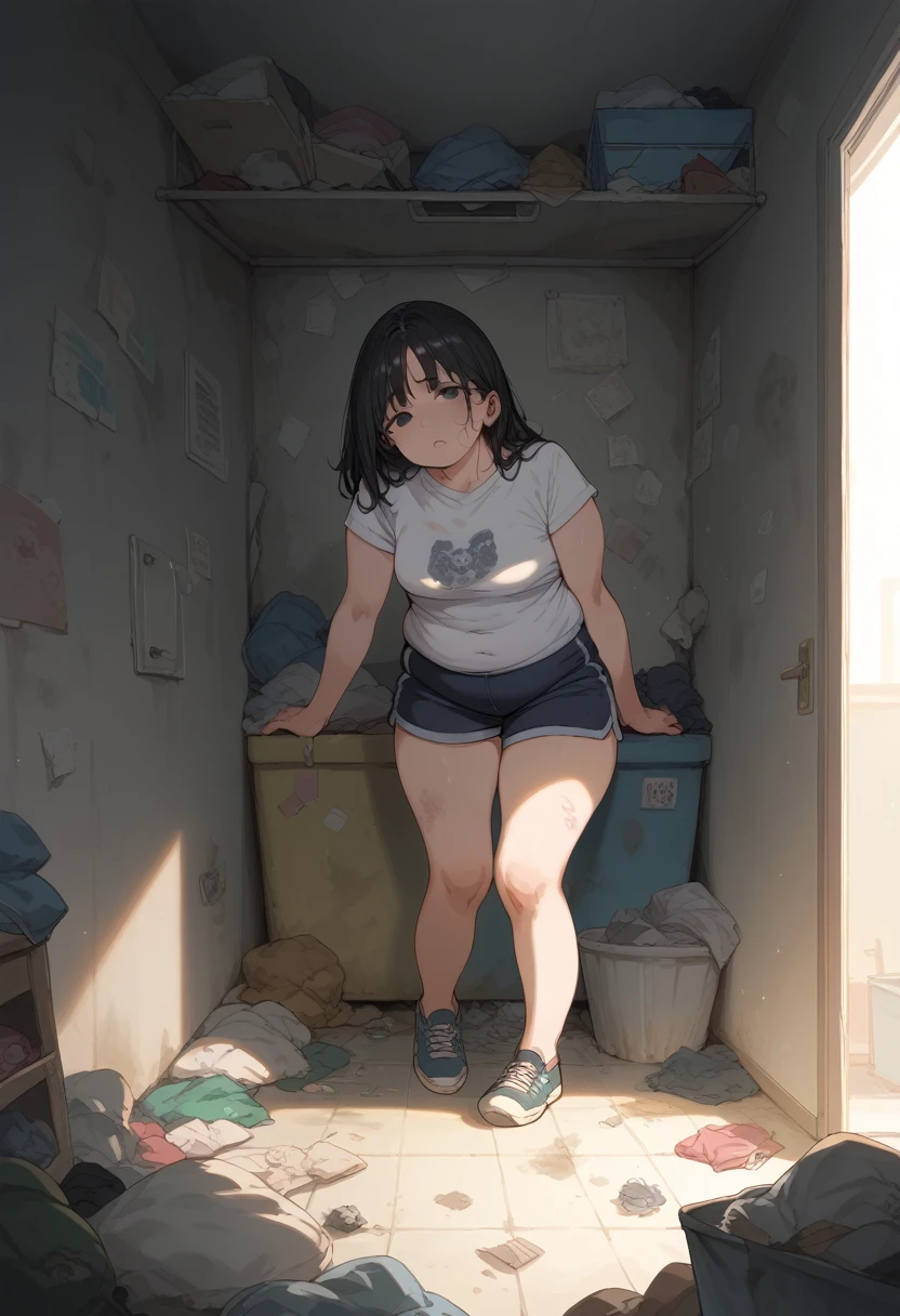 Black hair, black eyes, plump, masochist, woman, sloppy body, NEET, recluse, trash room, dirty room, messy room