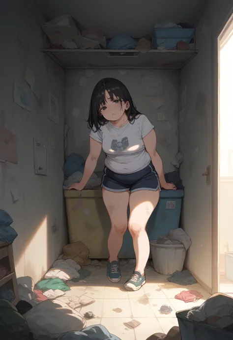 black hair, black eyes, plump, masochist, woman, sloppy body, neet, recluse, trash room, dirty room, messy room