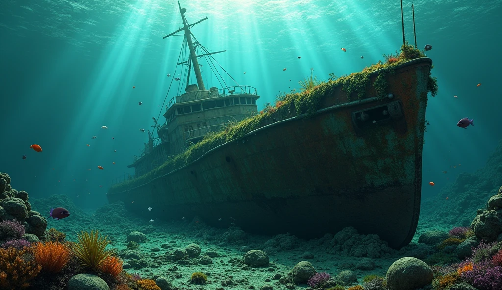 a rusted sunken ship underwater covered in moss, with fish and mollusks swimming around, dramatic lighting, dark moody colors, realistic underwater scene, highly detailed, masterpiece, cinematic composition, volumetric lighting, atmospheric, photorealistic, high quality, 8k, depth of field, ray tracing, underwater ambience