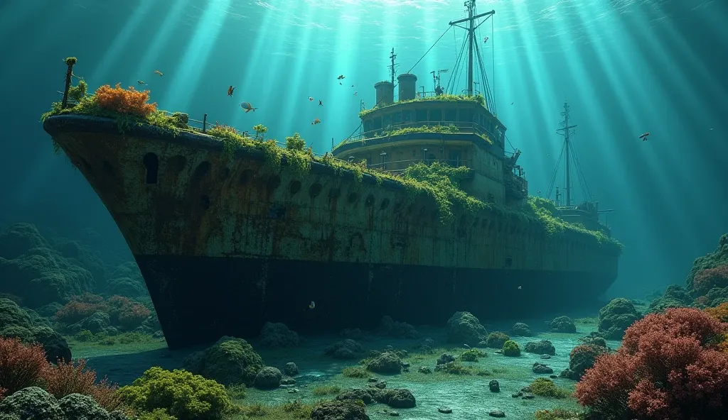 a rusted sunken ship underwater covered in moss, with fish and mollusks swimming around, dramatic lighting, dark moody colors, realistic underwater scene, highly detailed, masterpiece, cinematic composition, volumetric lighting, atmospheric, photorealistic, high quality, 8k, depth of field, ray tracing, underwater ambience